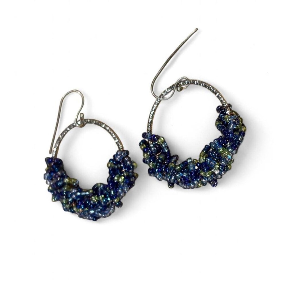 Boho Beaded Hoop Earrings Blue Green Silver Festival Bead Dangle Hoops Statement